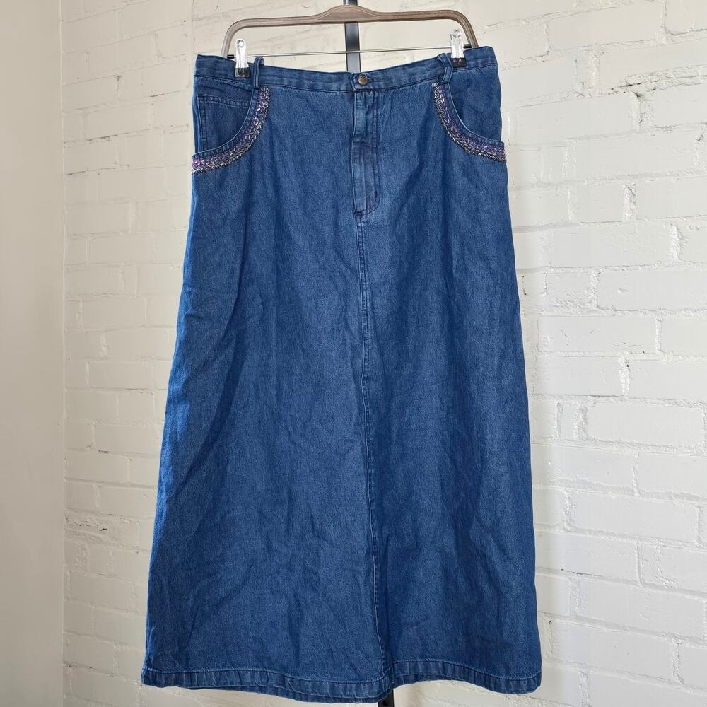 Vintage Blue Denim Midi Skirt Beaded Pockets ┃Plus 1X┃Cottagecore Y2k Western